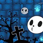 Duchy unoszące się nad cmentarzem z nagrobkami, martwym drzewem i pajęczyną na niebieskim tle