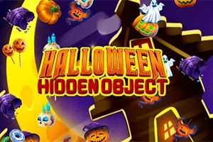 Napis Halloween Hidden Object otoczony przez dynie, duchy, kapelusze i fragment domu na tle Księżyca
