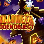 Napis Halloween Hidden Object otoczony przez dynie, duchy, kapelusze i fragment domu na tle Księżyca