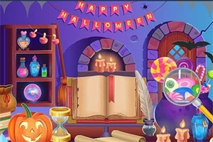 Kolorowa, magiczna pracownia z otwartą księgą, dynią, miksturami i dekoracjami Halloween