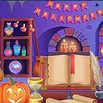 Kolorowa, magiczna pracownia z otwartą księgą, dynią, miksturami i dekoracjami Halloween
