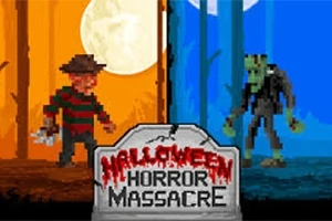 Pixelowa scena przedstawiająca dwóch potworów stojących naprzeciwko siebie w podzielonym na pomarańczową i niebieską część tle z księżycem, z kamiennym nagrobkiem zawierającym napis Halloween Horror Massacre