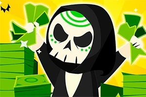 Czarny charakter z czaszką jako twarzą trzymający zielone pieniądze na tle stosu banknotów i żółtego światła