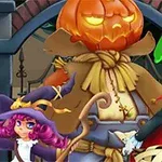 Czarownica z różowymi włosami i koszem, wampir oraz duży strach na wróble z dynią zamiast głowy na tle gotyckiej bramy