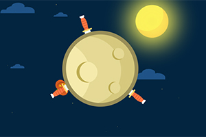 Ilustracja przedstawia planetę z trzema wbitymi mieczami na tle nocnego nieba i jasnego księżyca