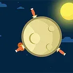 Ilustracja przedstawia planetę z trzema wbitymi mieczami na tle nocnego nieba i jasnego księżyca