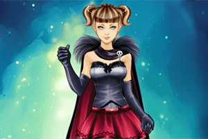 Postać kobiety z brązowymi włosami w stylu odwróconych warkoczy, ubranej w czarny gorset z futrzanym kołnierzem i czerwonej spódnicy, na tle niebiesko-zielonego blasku