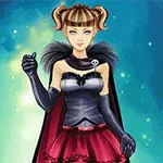 Postać kobiety z brązowymi włosami w stylu odwróconych warkoczy, ubranej w czarny gorset z futrzanym kołnierzem i czerwonej spódnicy, na tle niebiesko-zielonego blasku