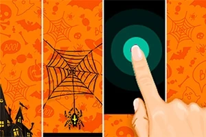 Pomarańczowe tło z motywami Halloween, pająk na pajęczynie oraz ludzki palec dotykający okrągły przycisk na ciemnym tle