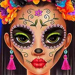 Kobieta z ozdobnym makijażem Catrina, z kwiatami we włosach, na niebieskim tle