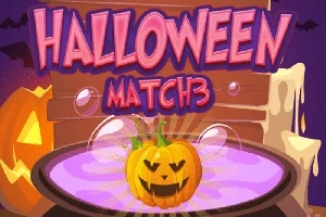 Dynia z uśmiechem w wiedźmim kotle z bąbelkami, w tle napis Halloween Match 3 i cieknące świece