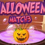 Dynia z uśmiechem w wiedźmim kotle z bąbelkami, w tle napis Halloween Match 3 i cieknące świece