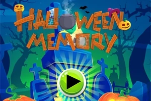 Kolorowy ekran z tytułem Halloween Memory, który zawiera kociołek, nagrobki, dynie i przycisk odtwarzania, otoczony elementami Halloween