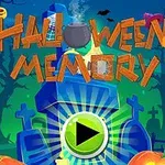 Kolorowy ekran z tytułem Halloween Memory, który zawiera kociołek, nagrobki, dynie i przycisk odtwarzania, otoczony elementami Halloween