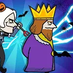 Postać z dynią na głowie trzymająca trójząb podąża za królem na tle piorunów i nietoperzy