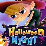 Postać w kapeluszu czarownicy lecąca na miotle na tle księżyca, z dynią i zamkiem w tle oraz napisem Halloween Night