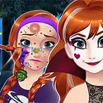 Dwie postacie z animacji, jedna przebrana za wampira z makijażem na Halloween, druga z wysypką na twarzy i przygnębionym wyrazem