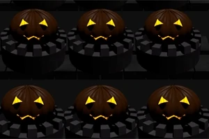 Ciemnobrązowe dynie z wyciętymi świecącymi oczami i ustami ustawione na czarnych platformach w rzędzie