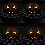 Ciemnobrązowe dynie z wyciętymi świecącymi oczami i ustami ustawione na czarnych platformach w rzędzie