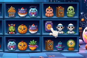 Półki wypełnione dekoracyjnymi przedmiotami o tematyce Halloween z zabawnymi postaciami, dyniami i kolorowymi słoikami