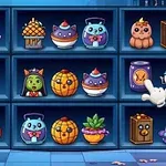 Półki wypełnione dekoracyjnymi przedmiotami o tematyce Halloween z zabawnymi postaciami, dyniami i kolorowymi słoikami