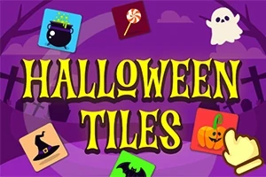 Kolorowa grafika z napisem Halloween Tiles otoczonym różnorodnymi symbolami Halloween, takimi jak dynia, duch, czarownica, kociołek, nietoperz i lizak na fioletowym tle