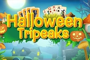 Napis Halloween Tripeaks z kartami do gry w tle, otoczony dyniami i jesiennym motywem