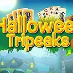 Napis Halloween Tripeaks z kartami do gry w tle, otoczony dyniami i jesiennym motywem