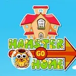 Rysunkowy domek z czerwonym dachem, napis Hamster Go Home i ilustracja chomika na niebieskim tle