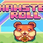 Sympatyczny chomik z kwiatkiem, z tęczą w tle i napisem w pixel-artowym stylu