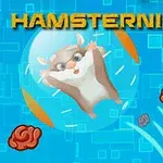 Chomik w przezroczystej kuli na tle niebieskich geometrycznych wzorów z rozrzuconymi symbolami mózgów