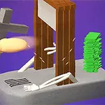 Drewniana gilotyna z białą kościaną ręką, stos zielonych banknotów i krzyż na fioletowym tle