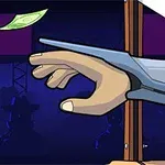 Ręka uwięziona w gilotynie próbuje sięgnąć po banknot unoszący się w powietrzu, na tle sceny z publicznością