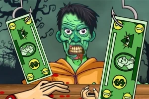 Zielony zombie z oczami szeroko otwartymi trzyma dwa banknoty zawieszone na hakach, w tle ciemne drzewo