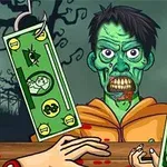 Zielony zombie z oczami szeroko otwartymi trzyma dwa banknoty zawieszone na hakach, w tle ciemne drzewo