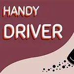 Czarny samochód skręcający na zakręcie z oświetleniem przednim, na tle którego widnieje napis Handy Driver