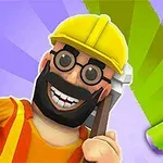 Mężczyzna w kasku i okularach z szerokim uśmiechem trzyma pędzel malarski, obok znajduje się zielony wałek malarski na fioletowym tle