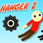 Postać w czerwonym stroju i czarna postać z czerwonymi oczami bujają się na linach na niebieskim tle, a obok znajduje się czarna piła z białym środkiem oraz napis Hanger 2