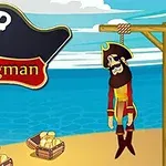 Pirat ze skrzyniami złota stoi na plaży z niebem i oceanem w tle