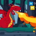 Czerwony smok ziejący ogniem w lesie z literami w prawym górnym rogu