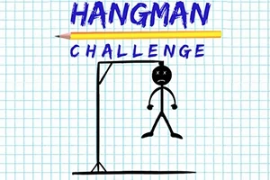 Napis HANGMAN CHALLENGE nad narysowaną na kartce w kratkę postacią wisielca