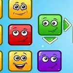 Kolorowe, uśmiechnięte kwadraty z oczami na niebieskim tle, z zielonym kwadratem w centrum wskazującym na inne za pomocą strzałek