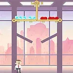 W kreskówkowym wnętrzu biura, mężczyzna w garniturze stoi pod platformą z diamentami i czerwonymi woreczkami