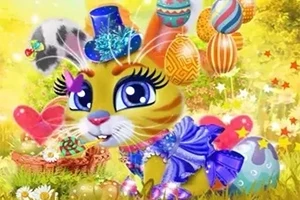 Kolorowy, kreskówkowy kot w kapeluszu i stroju z kokardą, otoczony balonami i ozdobami na tle wiosennego ogrodu