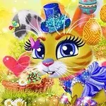 Kolorowy, kreskówkowy kot w kapeluszu i stroju z kokardą, otoczony balonami i ozdobami na tle wiosennego ogrodu