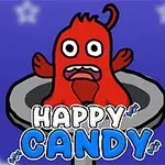 Czerwony stworek z wyłupiastymi oczami w szarym cylindrze na fioletowym tle z gwiazdkami, poniżej widoczny napis Happy Candy