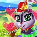 Na obrazku znajduje się urocza animowana postać szarego zwierzątka w kolorowym stroju z dużymi zielonymi oczami, w czerwonym kapeluszu i otoczona różowymi sercami na tle krajobrazu