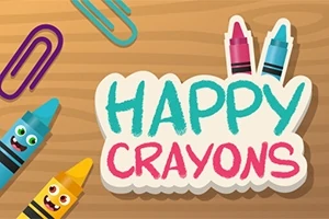 Napis Happy Crayons z kolorowymi, uśmiechniętymi kredkami i spinaczami na drewnianym tle