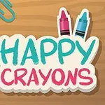 Napis Happy Crayons z kolorowymi, uśmiechniętymi kredkami i spinaczami na drewnianym tle
