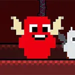 Czerwony i biały pikselowy stwór z rogami w stylu retro na ciemnym tle